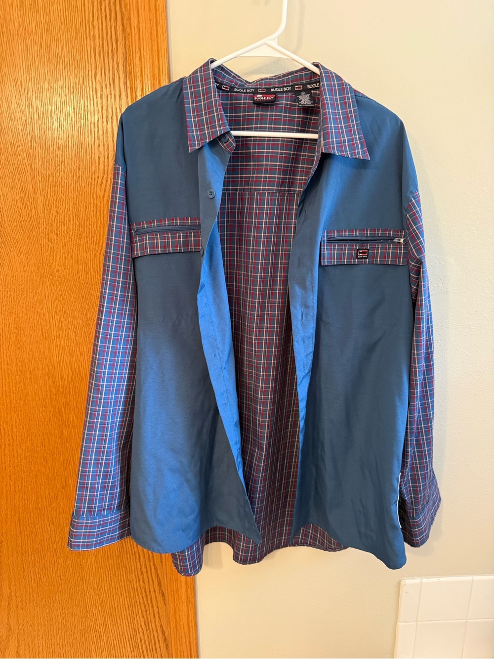 Vintage Bugle Boy Blue Plaid Patchwork Performance Lightweight Button Shirt XL